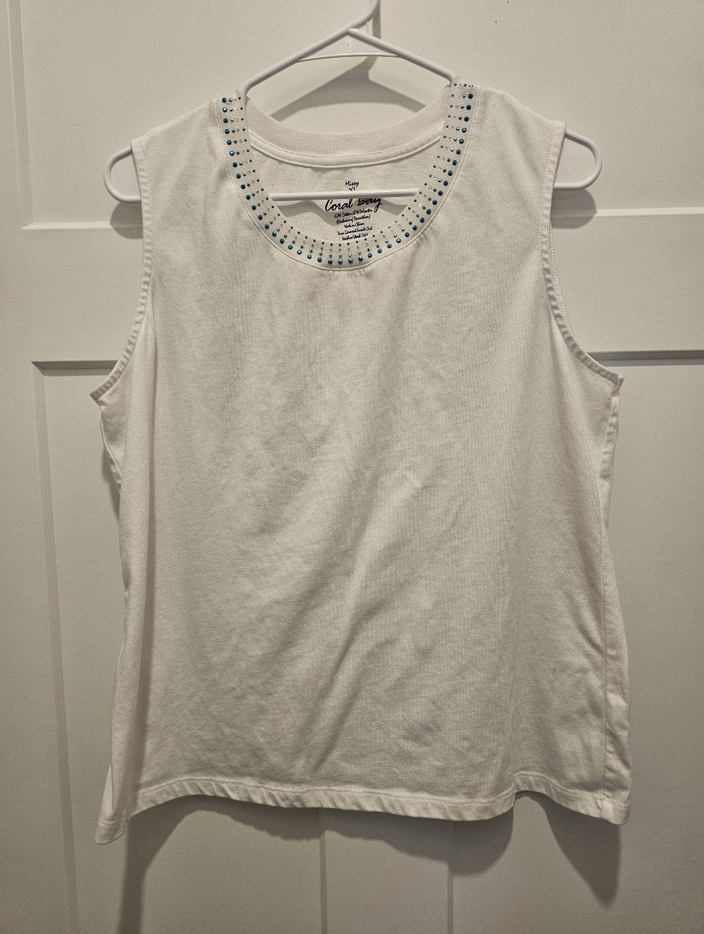 CORAL BAY White Tank with Turquoise & Clear Rhinestone Neckline Trim XL